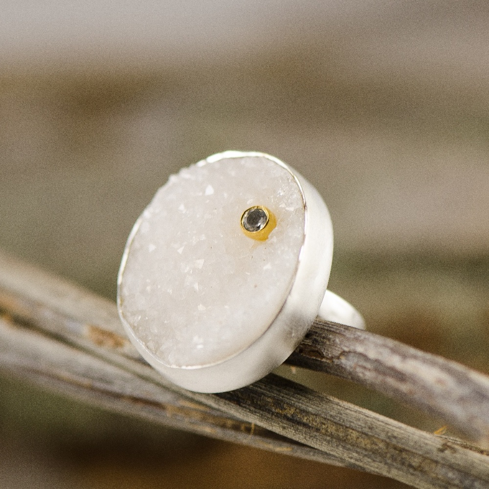 Druzy Quartz, White Topaz, 14k + Sterling Silver